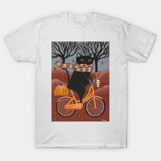 Black Cat Autumn Bicycle Ride T-Shirt by KilkennyCat Art